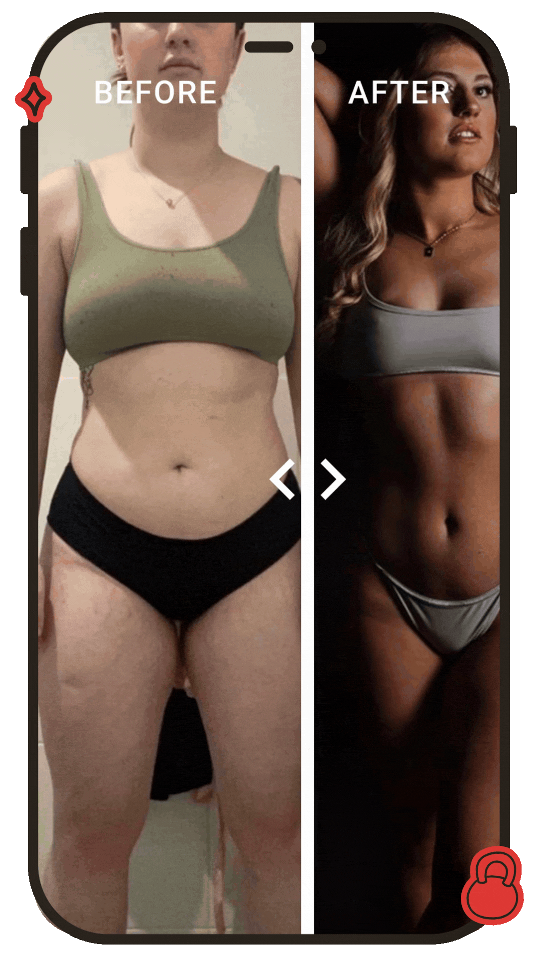 Side-by-side comparison of a woman before and after body transformation, showing improved muscle tone and darker skin in the second image.