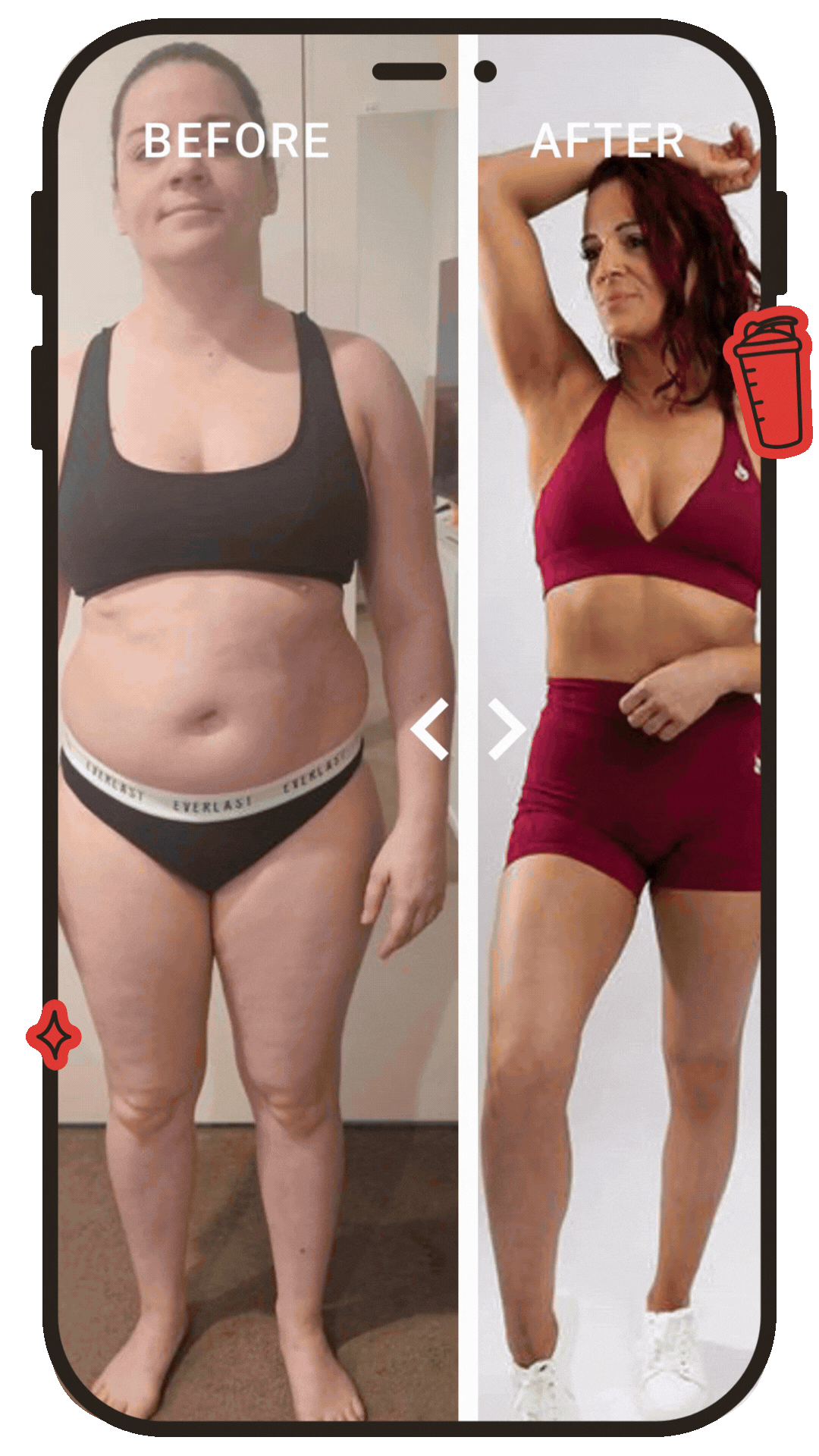 Side-by-side comparison of a woman's body before and after weight loss, with labels 'Before' and 'After'.