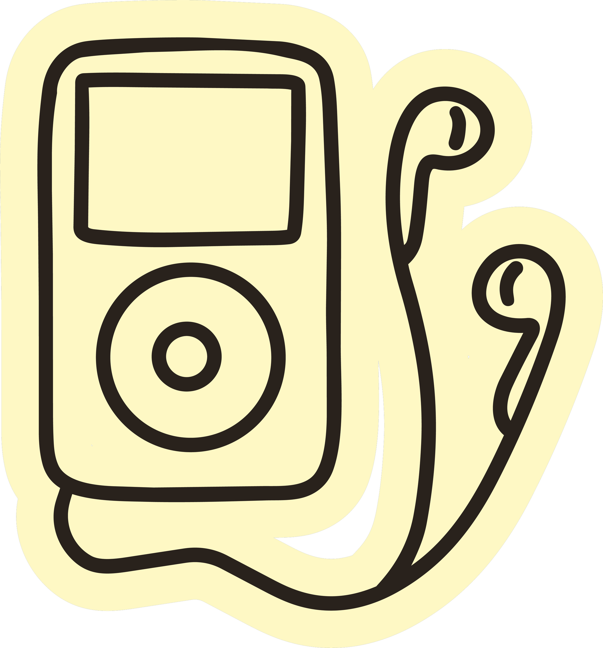 A black outlined iPod nano on a yellow background.