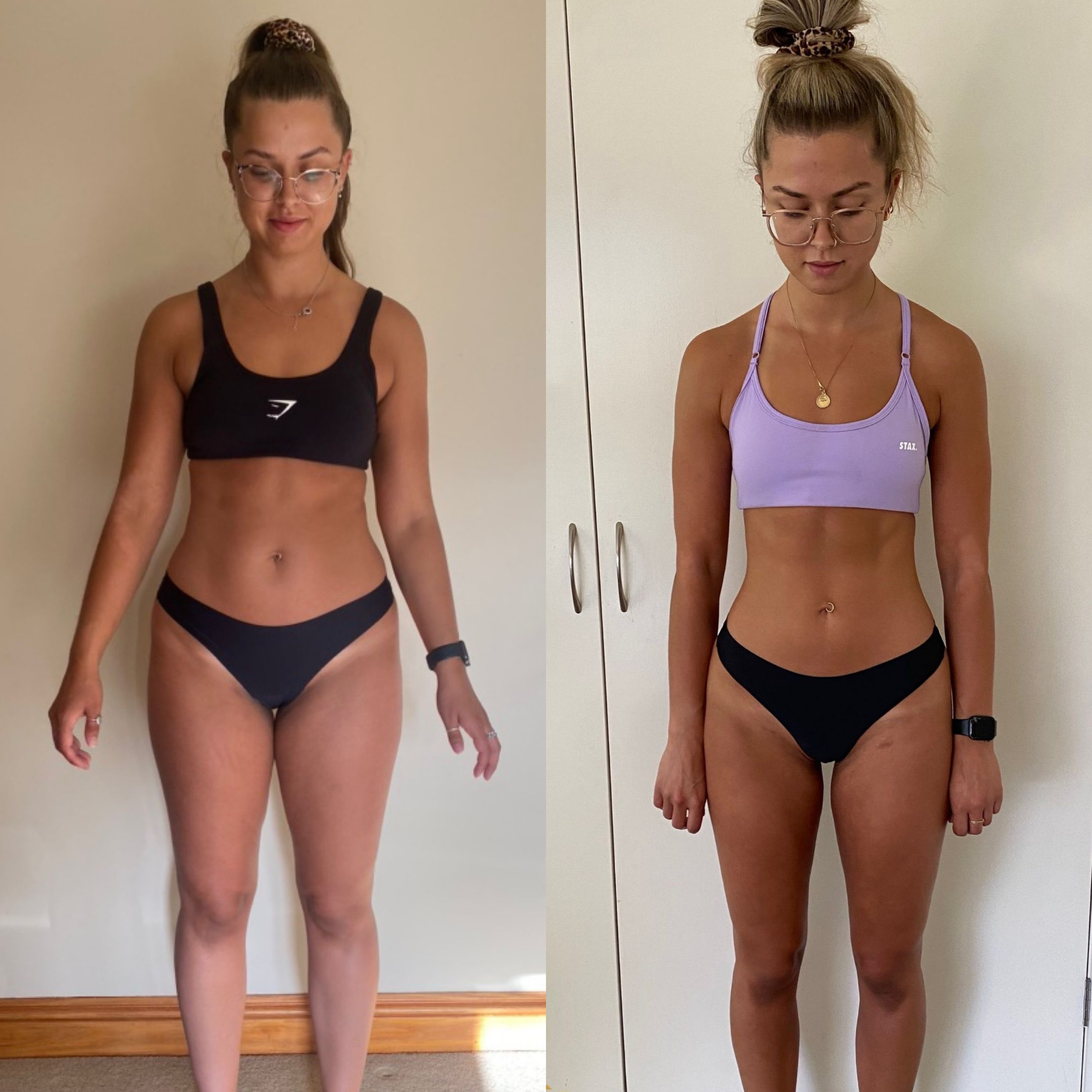 Comparison of two women standing in front of a white wall and a closet. The woman on the left wears glasses, a black sports bra, and matching shorts, with her hair in a high bun with a leopard-print scrunchie. The woman on the right wears glasses, a 