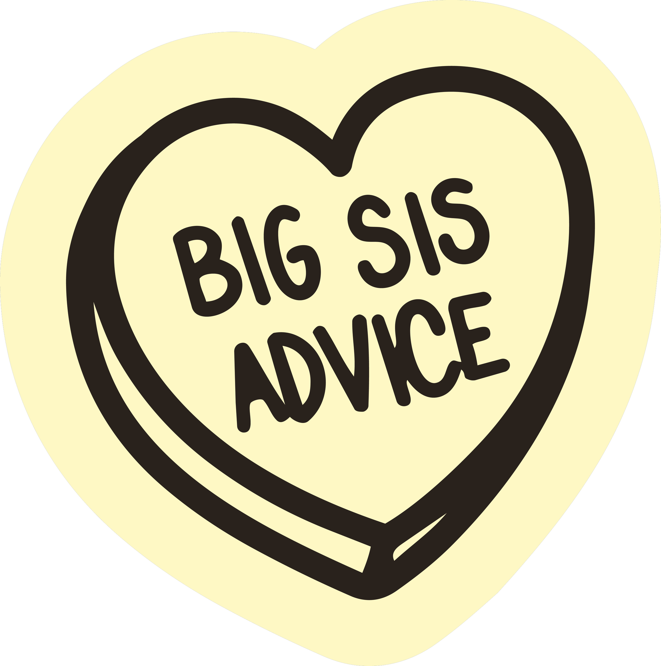 A black outlined heart with the words 'Big sis advice' on a yellow background.