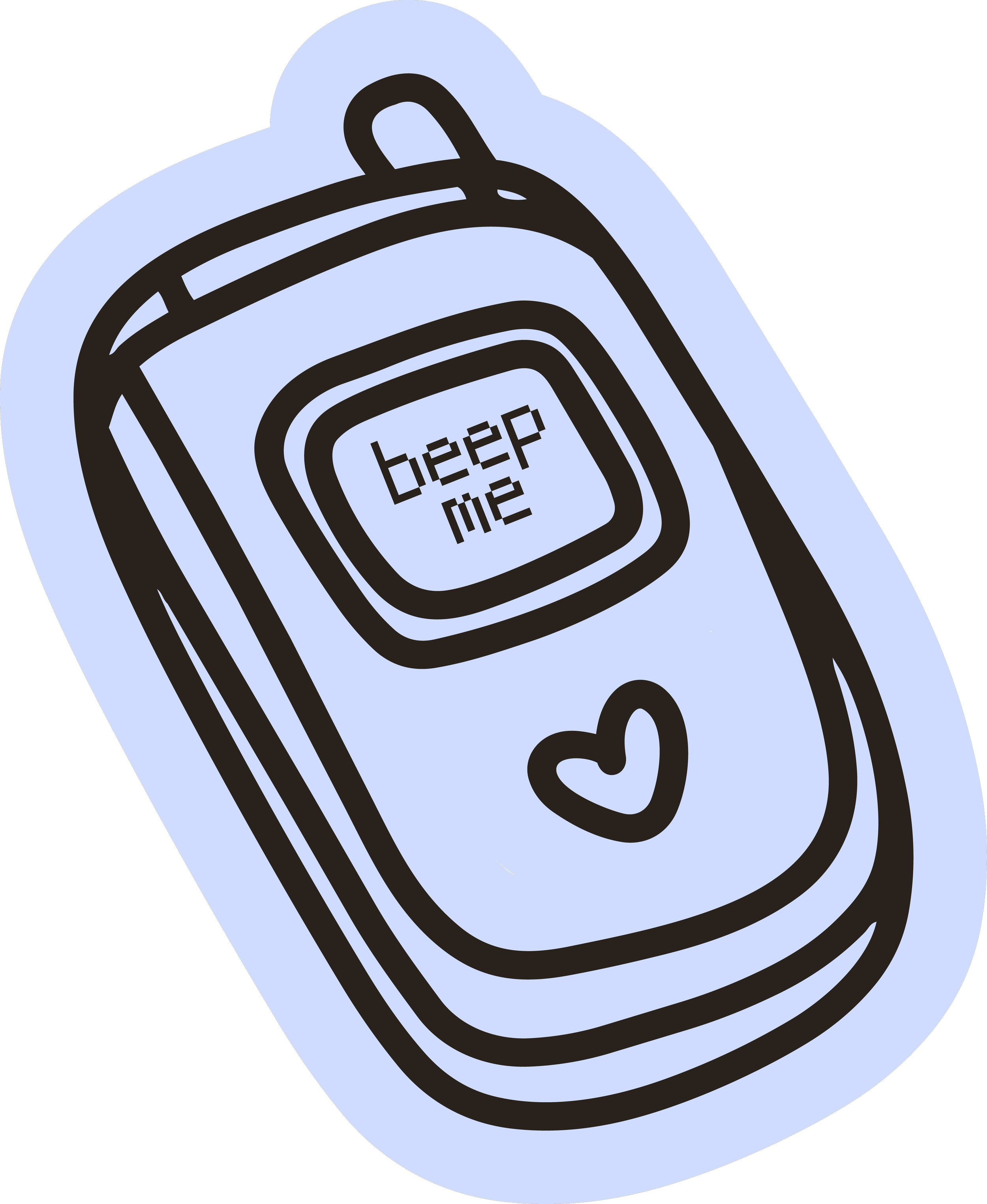 Illustration of an old mobile flip phone with the words 'beep me' displayed on its screen, surrounded by a stylized outline.