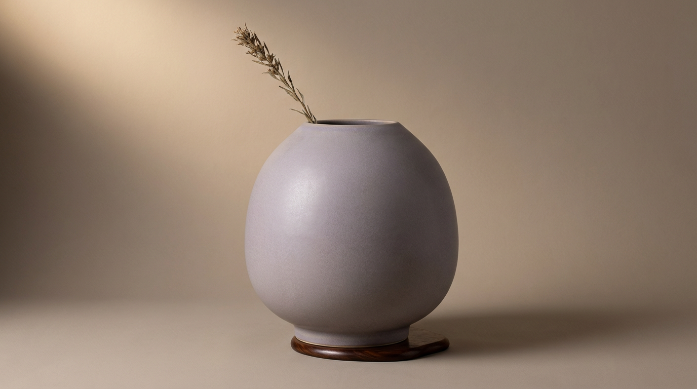 Gray ceramic vase with a dried plant stem on a small wooden stand, neutral background.