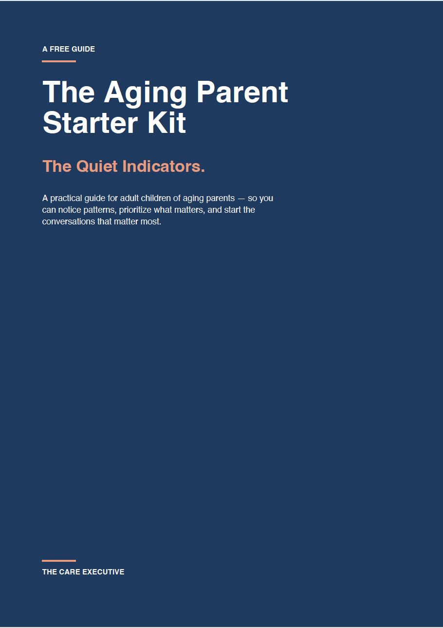 Cover page of a guide titled 'The Aging Parent Starter Kit' with a subtitle 'The Quiet Indicators.' It includes a description indicating it's a practical guide for adult children of aging parents to notice patterns, prioritize matters, and start important conversations. The background color is dark blue with white and orange text.
