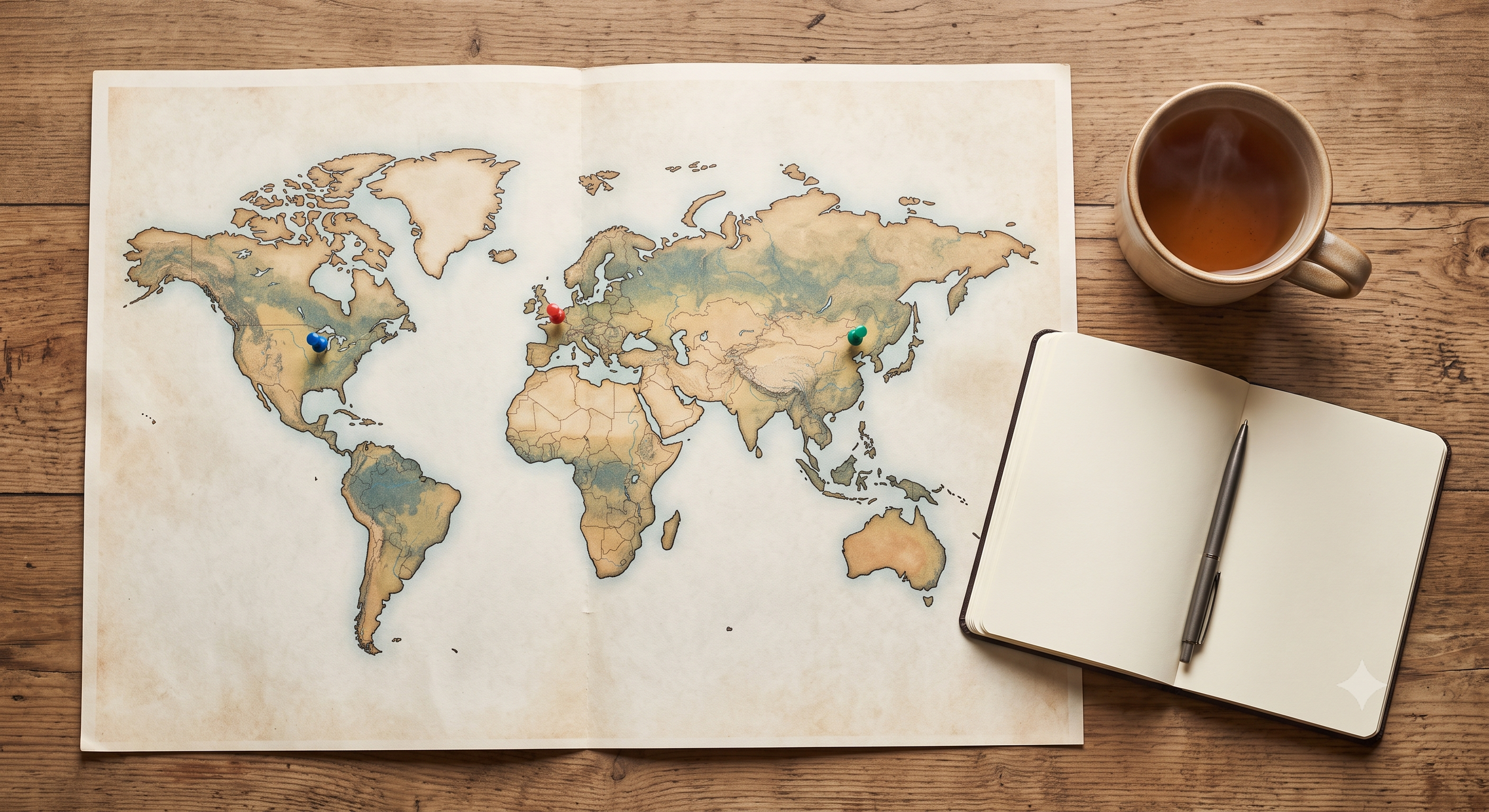 A world map on paper with colored pushpins, a cup of tea, an open notebook, and a pen on a wooden table.