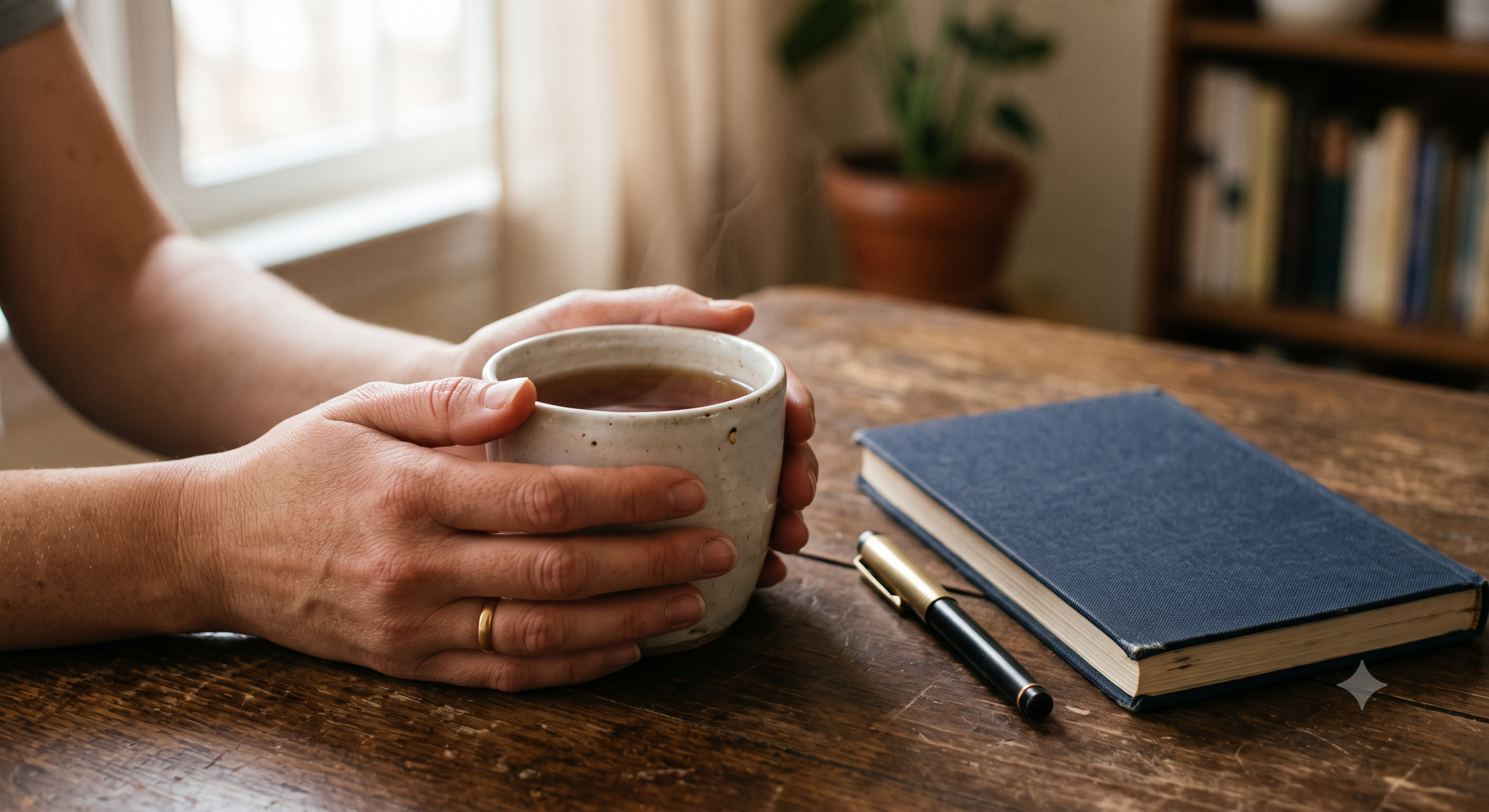 Person holding a cup of tea or coffee at a wooden table with a closed book and a pen, near a window with sunlight and a potted plant in the background.