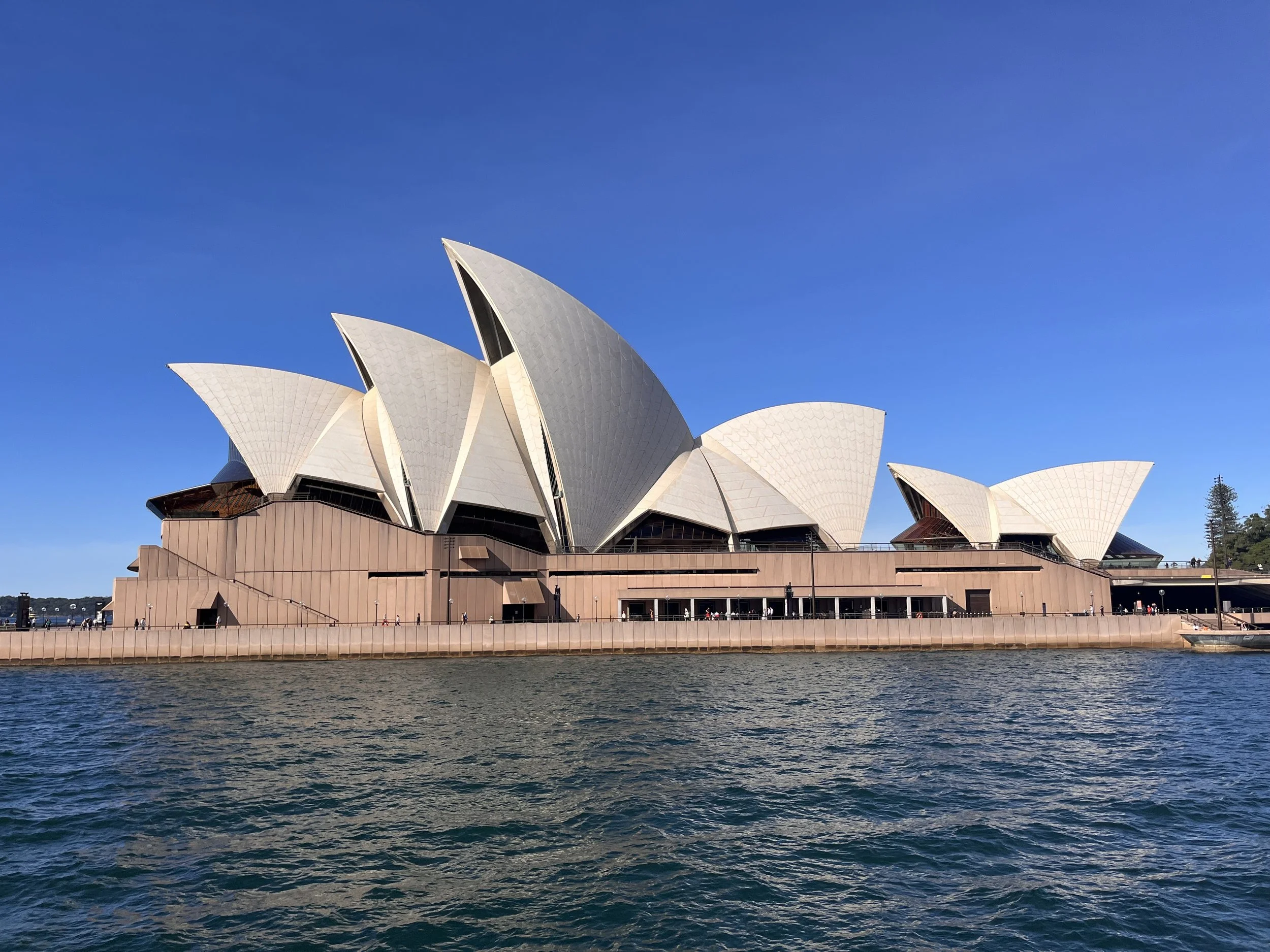 Sydney Opera House with its distinctive sail-like white roofs along the water against a clear blue sky.