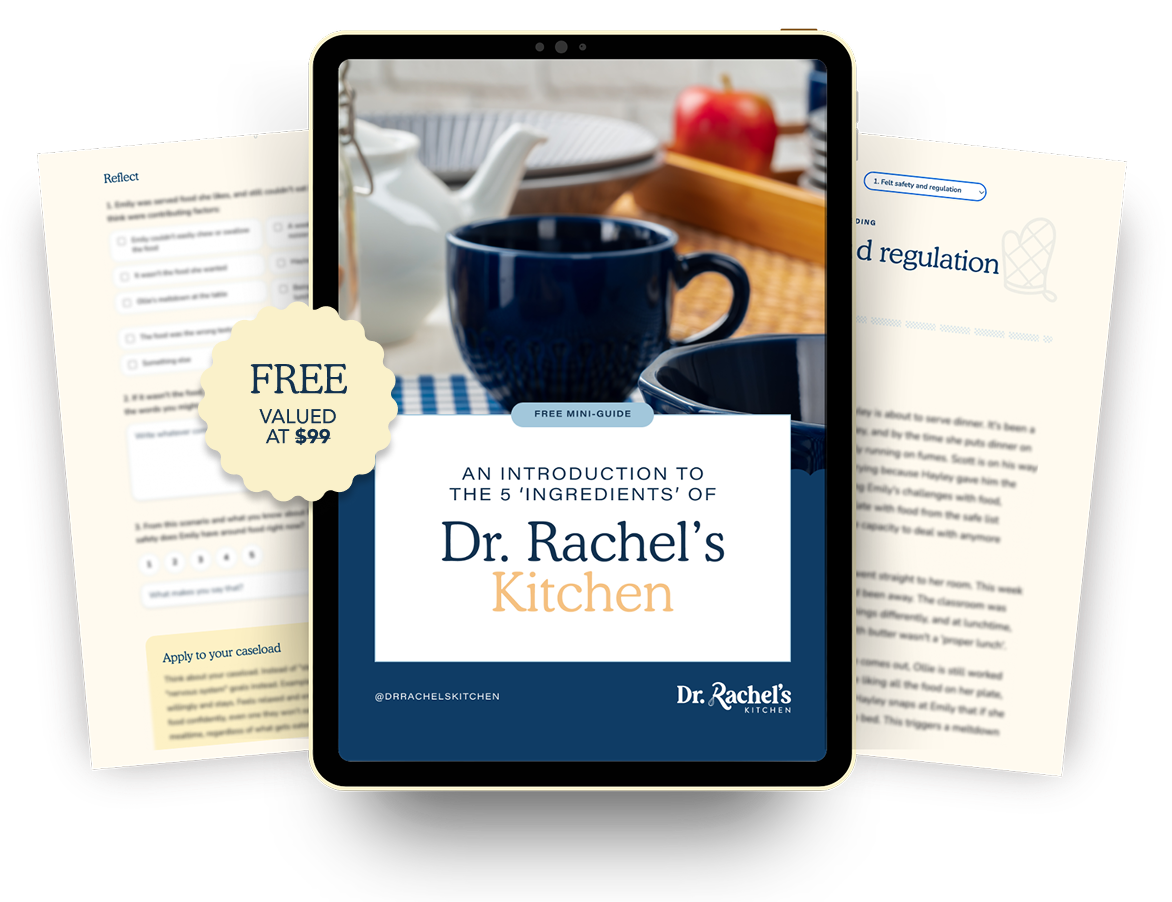 "An Introduction to the 5 Ingredients of Dr. Rachel's Kitchen — free feeding guide mockup on tablet and paper worksheets