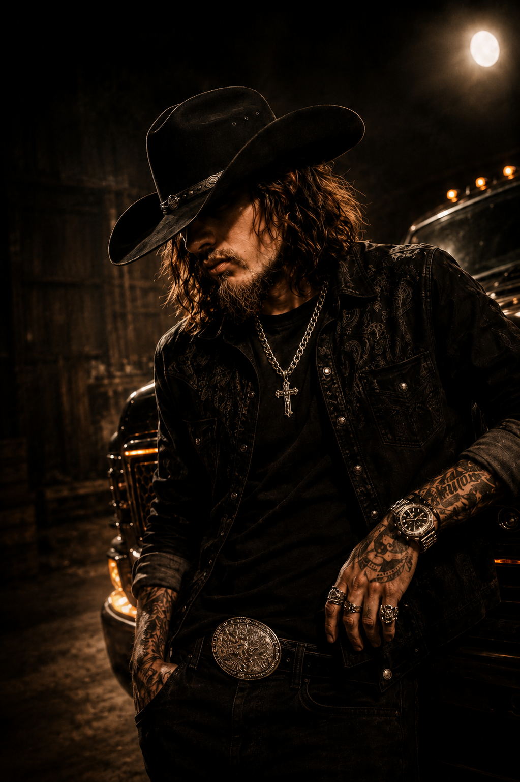 A man wearing a cowboy hat, black leather jacket, and multiple rings, necklaces, and a watch, leaning against a car with a full moon in the background.