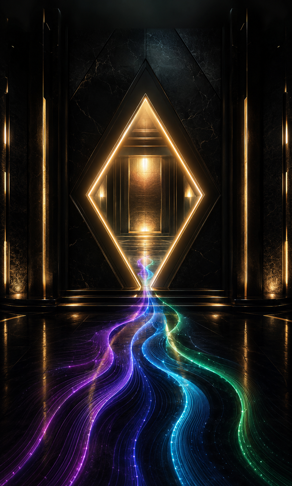 A futuristic, dark hallway with golden lighting accents, featuring a large illuminated diamond-shaped doorway. Colorful, glowing, swirling lines are flowing along the floor towards the doorway, creating a vibrant, high-tech aesthetic.