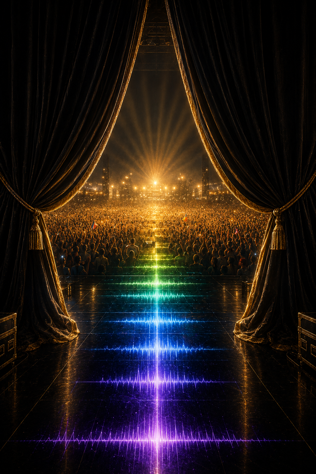View of a grand concert hall with dark velvet curtains, looking out onto a large crowd at night illuminated by stage lights, with a glowing rainbow-colored soundwave reflecting on the floor.