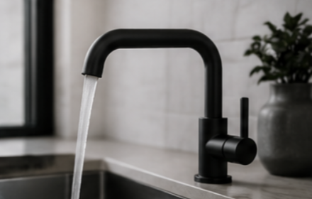 A black kitchen faucet with water flowing into a sink, with a gray backsplash and a potted plant in the background.