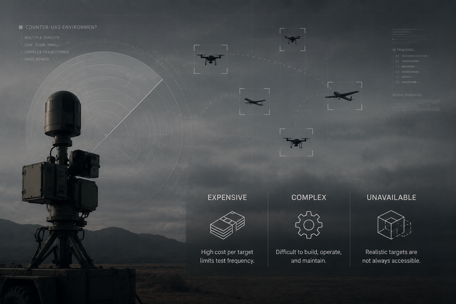 A radar system tracking multiple drones and airplanes in a dark, cloudy sky, with overlaid technical data and analysis about counter-UAS environments and the costs and complexity of targeting systems.