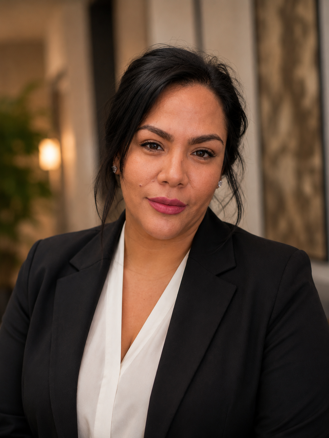 A professional woman with dark hair, wearing a black blazer and white blouse, looking confidently at the camera in an indoor setting.