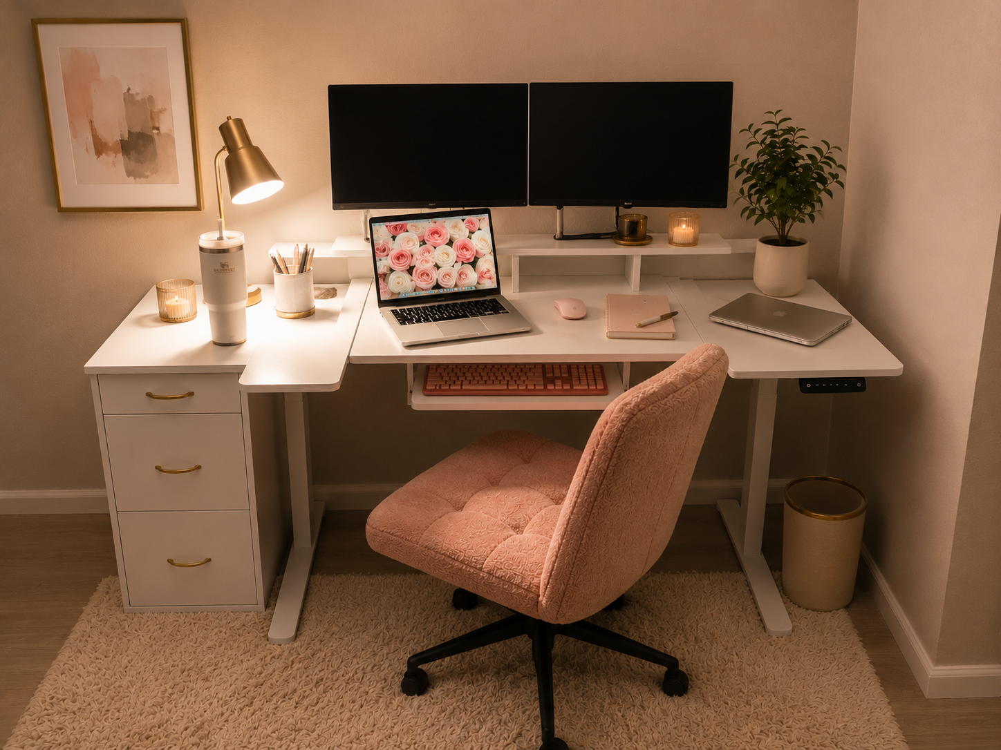 Home office desk setup with two monitors, a laptop with floral wallpaper, a pink chair, and decorative candles, plants, and artwork.