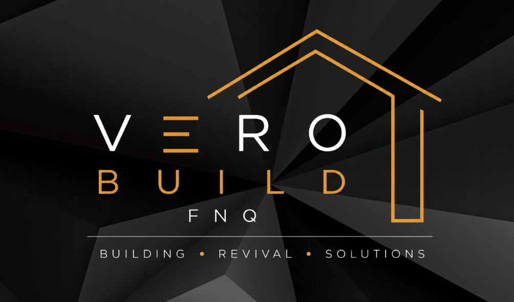 Logo for Vero Build with the words 'Building Revival Solutions' and a stylized house outline in gold on a dark geometric background.