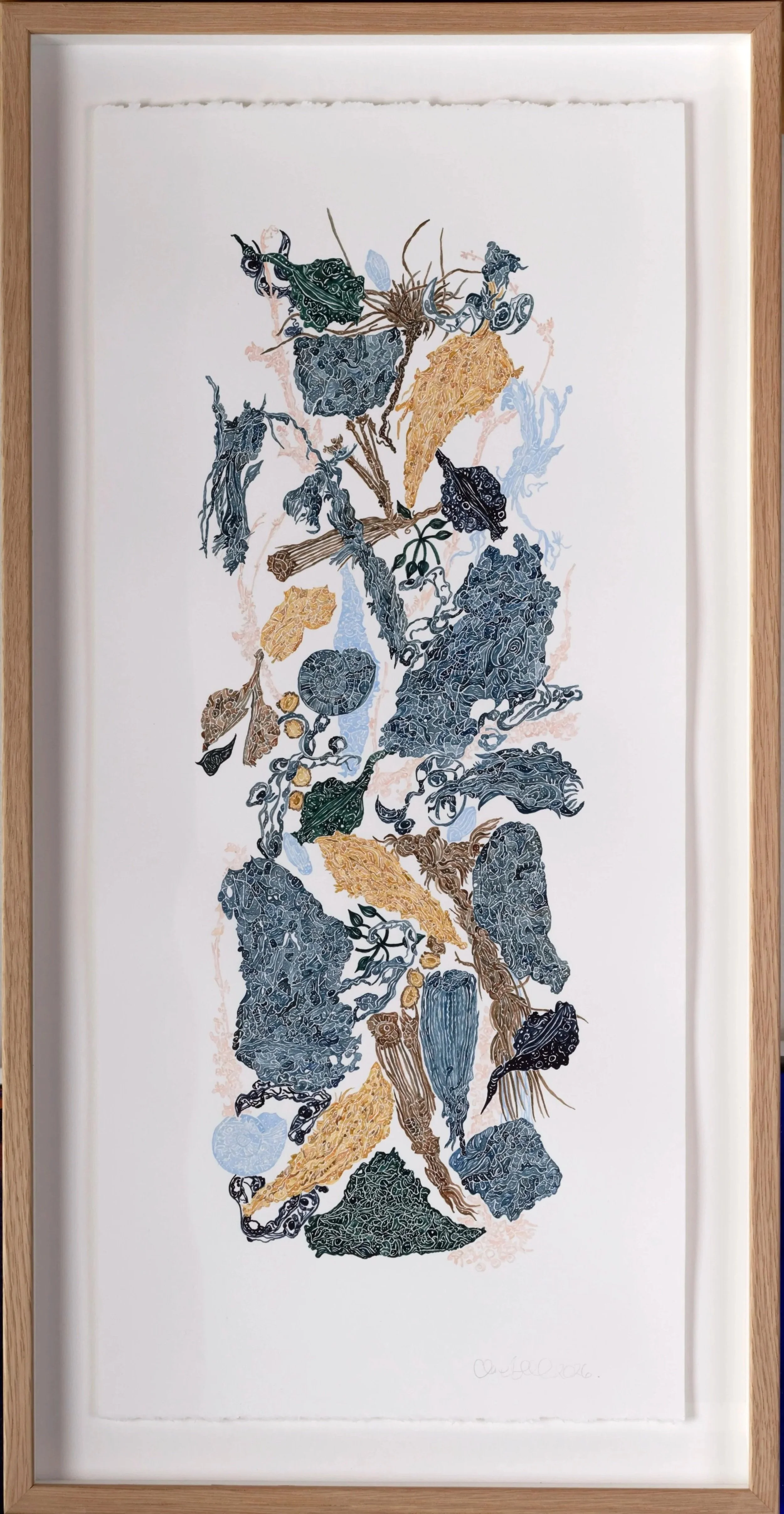 Clare Bell, seeking inspiration 3, Macedon, 2026 – shown framed: interlocking forms in deep blue, black and ochre