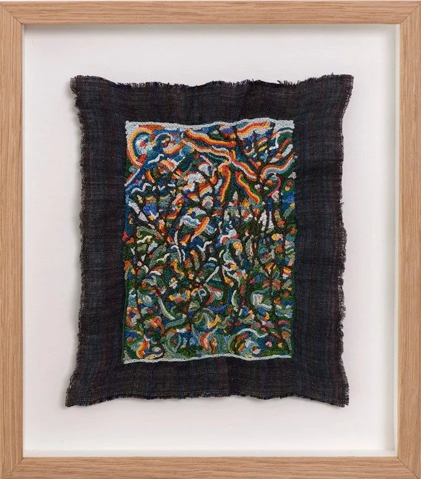 Clare Bell, winter Macedon, 2025 – framed work of colourful cotton thread on dark linen