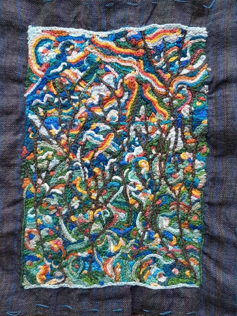 Clare Bell, winter Macedon, 2025 – detail of coloured thread on linen