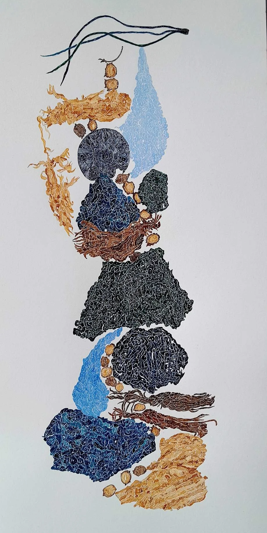 Clare Bell, seeking inspiration 2, Macedon, 2026 – watercolour of dark stacked stone forms with blue and ochre on a tall narrow sheet