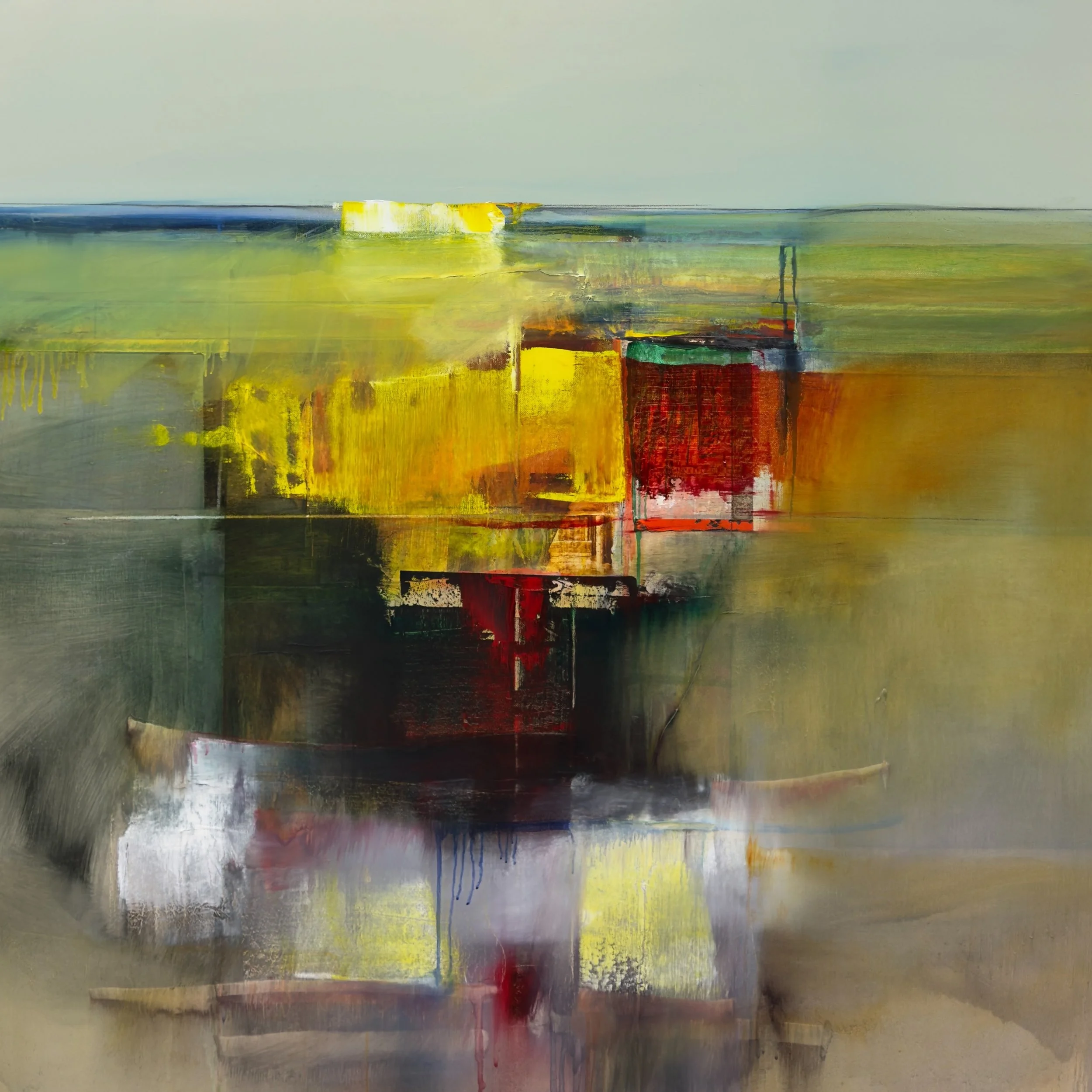 An abstract painting with horizontal bands of green, yellow, red, black, gray, and hints of pink and blue, created with a mix of thick and thin brushstrokes.