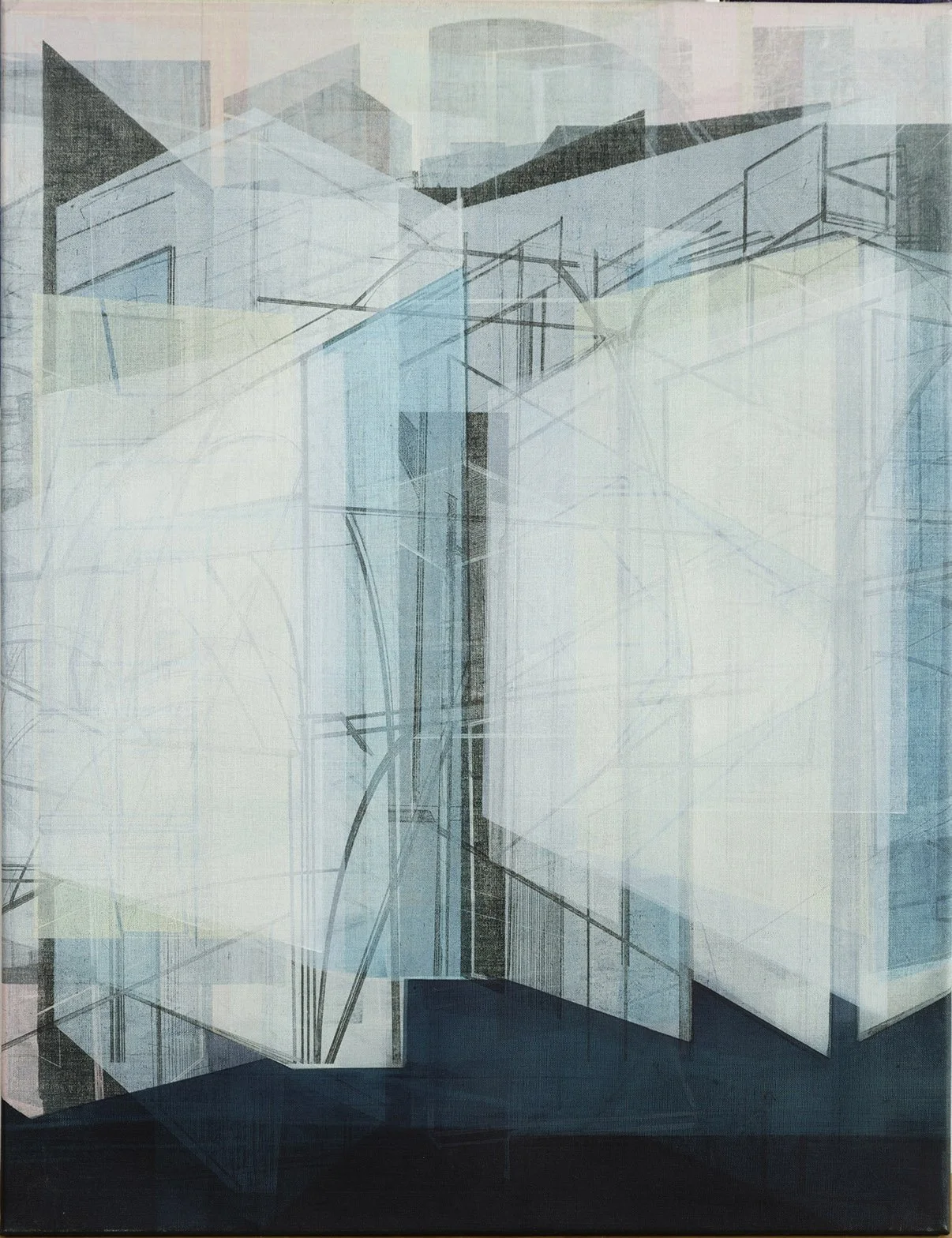 Cat Poljski, Glass Façade, 2024 – translucent vertical planes of pale green and white layered over a dark ground