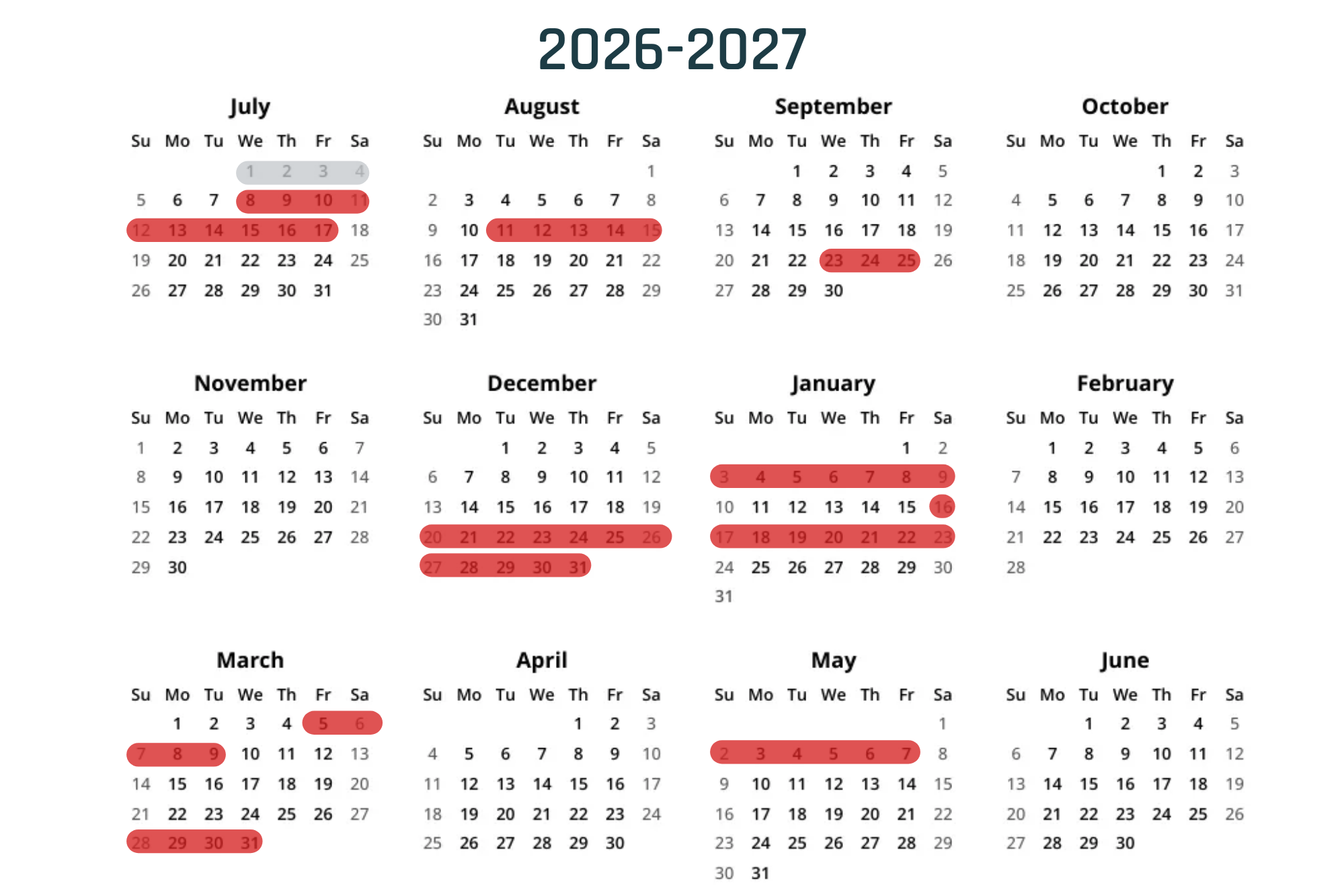 Calendar for the year 2026-2027 with dates highlighted in red for specific days in July, August, September, October, November, December, March, April, May, and June.