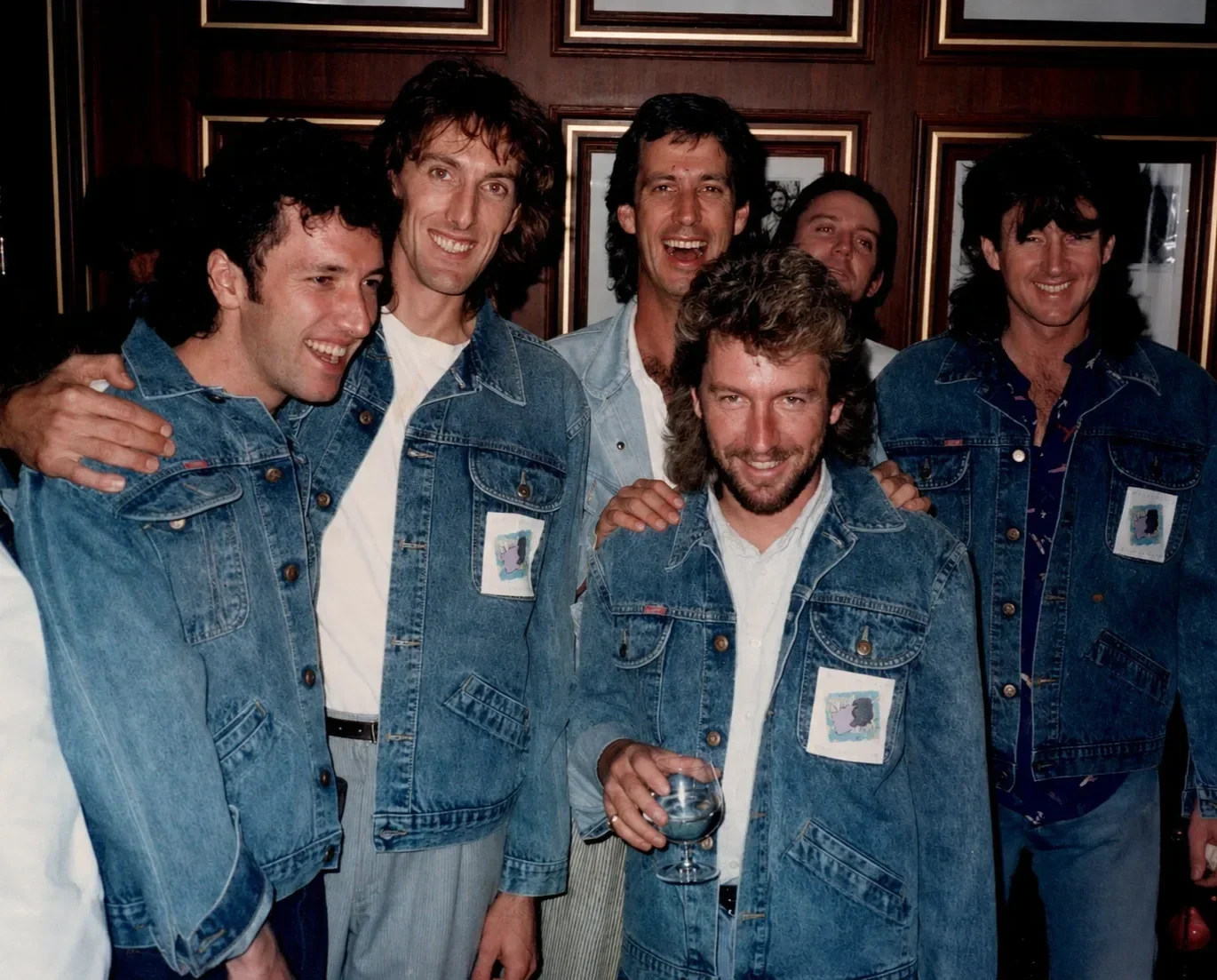 Mick, Brian, Russell Thomas (independent record promoter), Clive Hodson (Polygram Records A&R Director) and
John Tagg (Manager), decked out in promotional denim jackets at the Nasty Habits launch - Melbourne, March 1987.