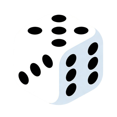 A white dice with black dots showing the number five, six and three.