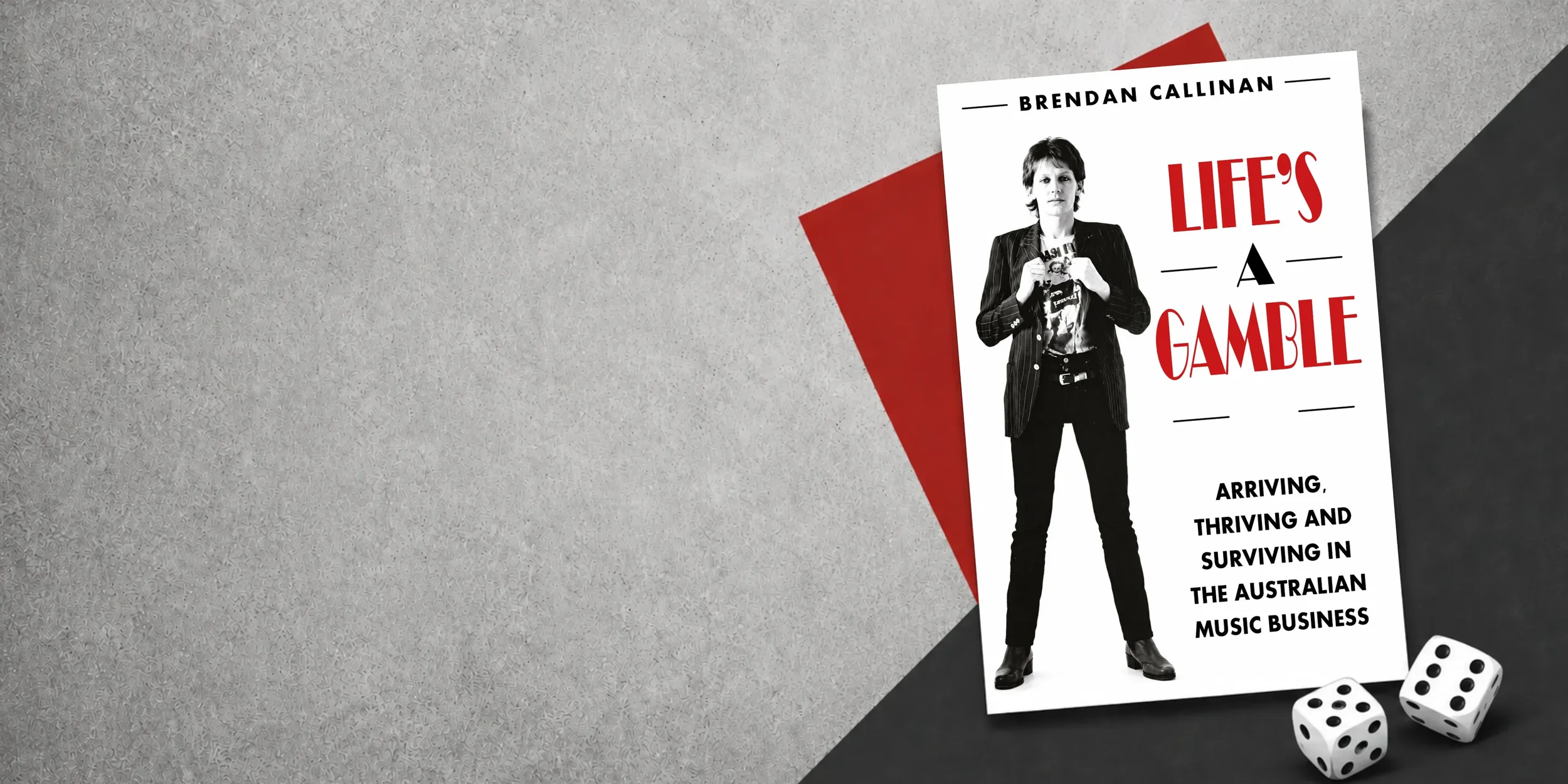 Promotional banner for the memoir "Life's A Gamble" by Brendan Callinan, designed in a striking red, black, and grey palette to promote the online store launch.