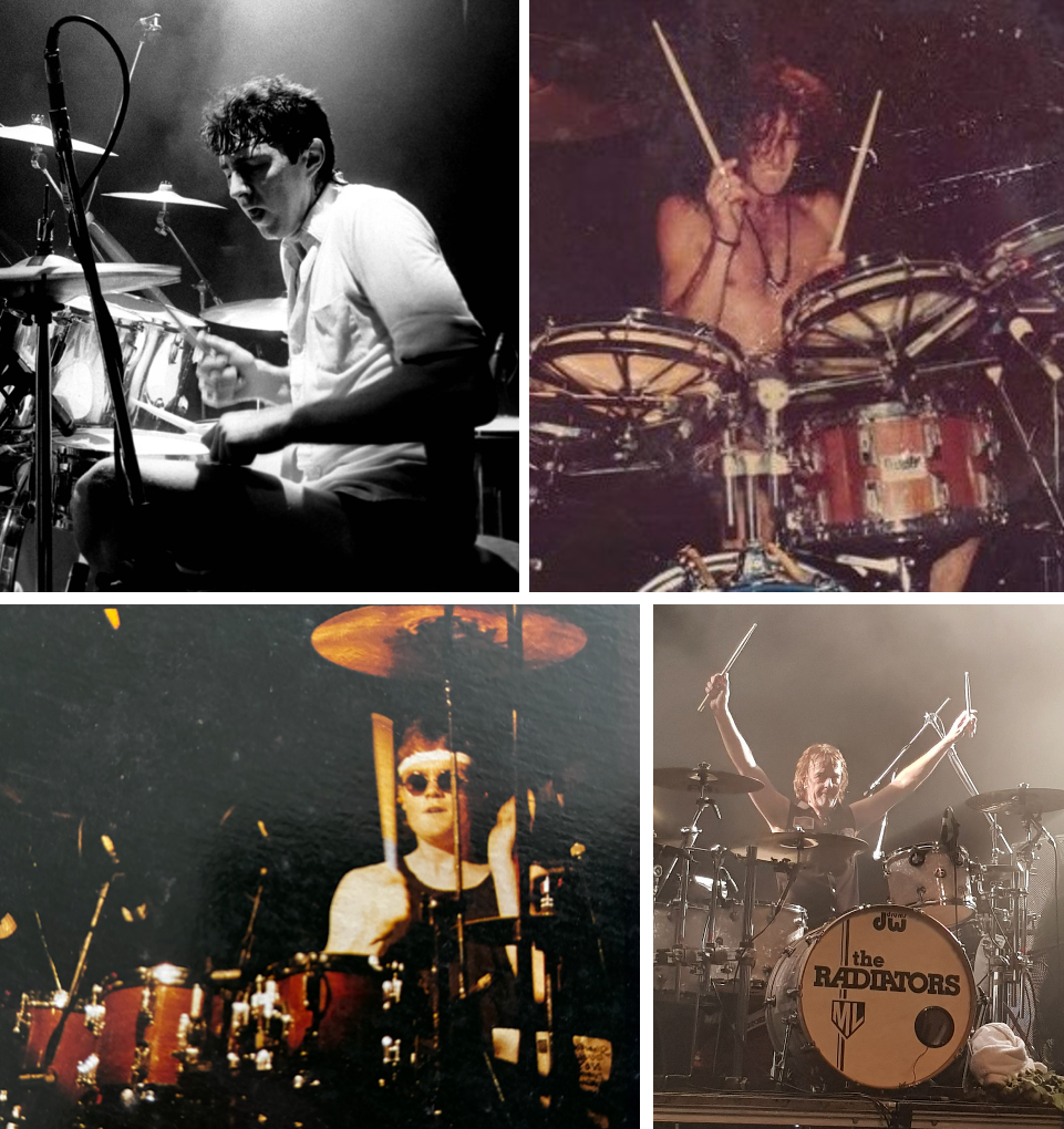 Four images of musicians playing drums on stage, with varied lighting and styles.