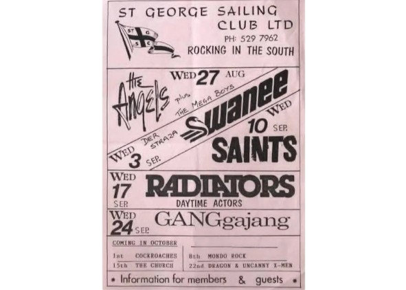 Promotional poster of Radiators gig at St George Sailing Club Ltd alongside The Angels..