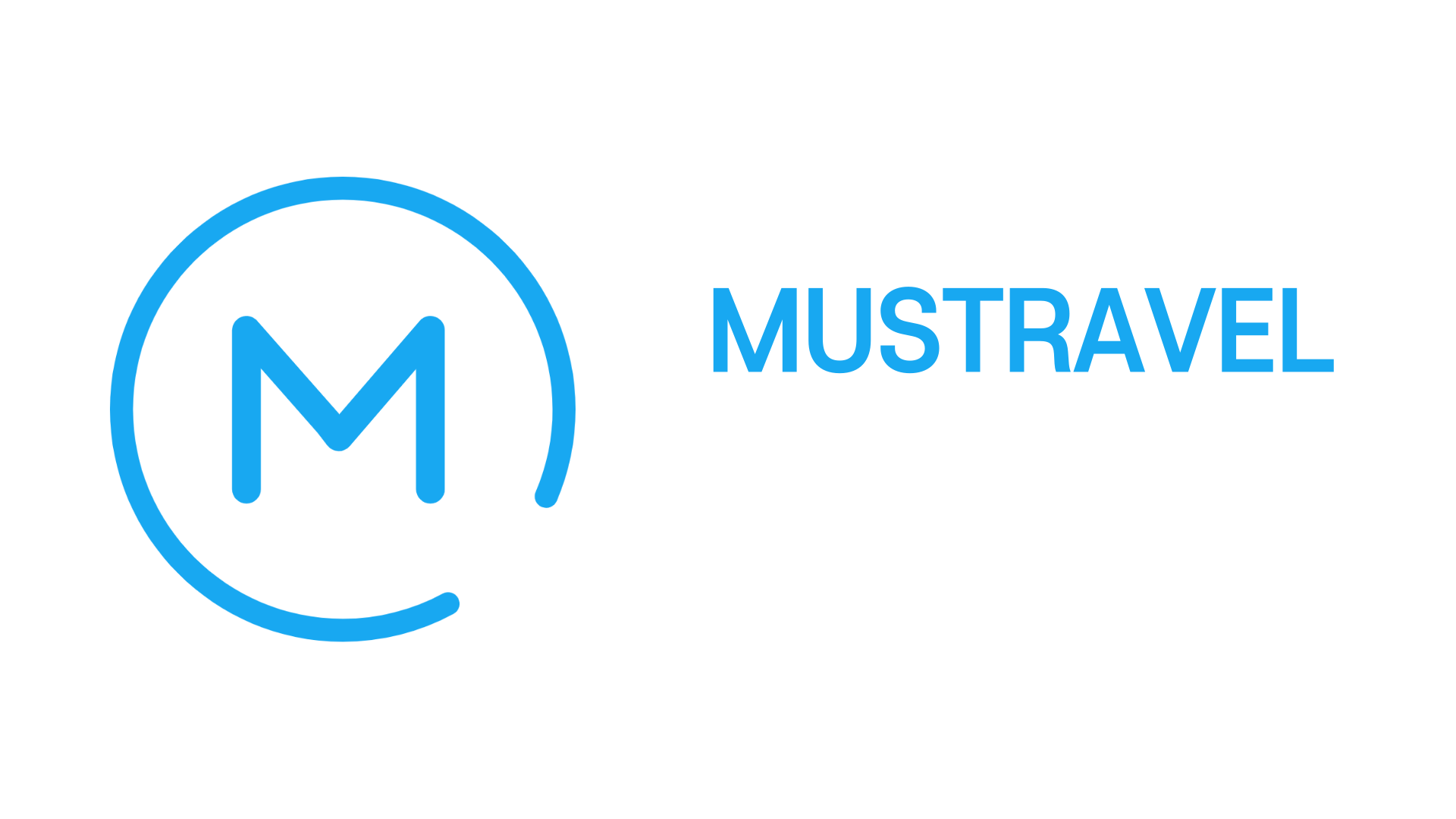 파란색 원 안에 M자가 들어 있으며, 오른쪽에 'MUSTRAVEL'이 파란색, 'MUSTRAVEL'이 흰색으로 적힌 로고 이미지