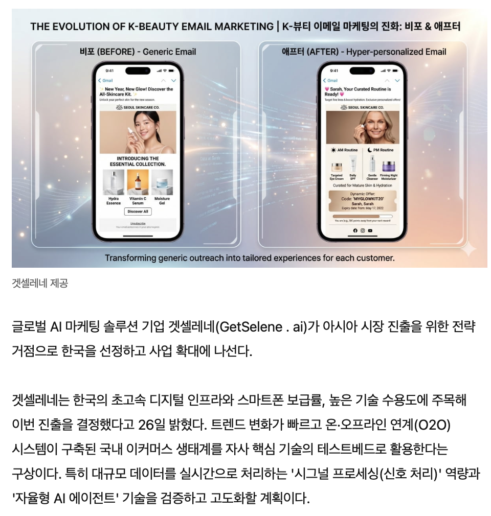게셀레니 제공, 이메일 마케팅 전략을 보여주는 스마트폰 기반 비포(일반)와 애프터(개인화된) 이메일 예시 이미지