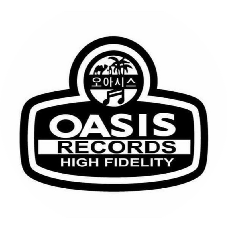 Black-and-white Oasis Records logo with Korean text, palm trees, and musical notes