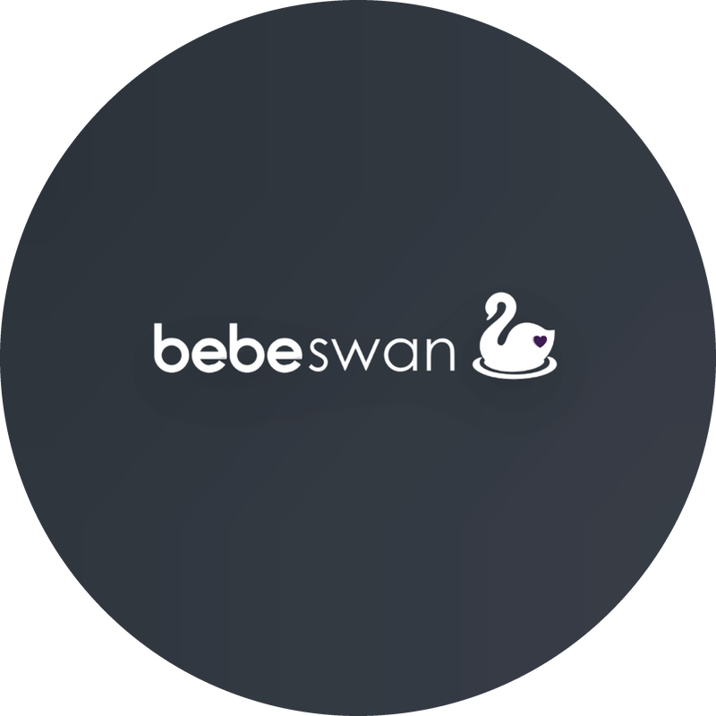 Bebe Swan logo with white text and a stylized swan wearing a purple heart on a dark circular background