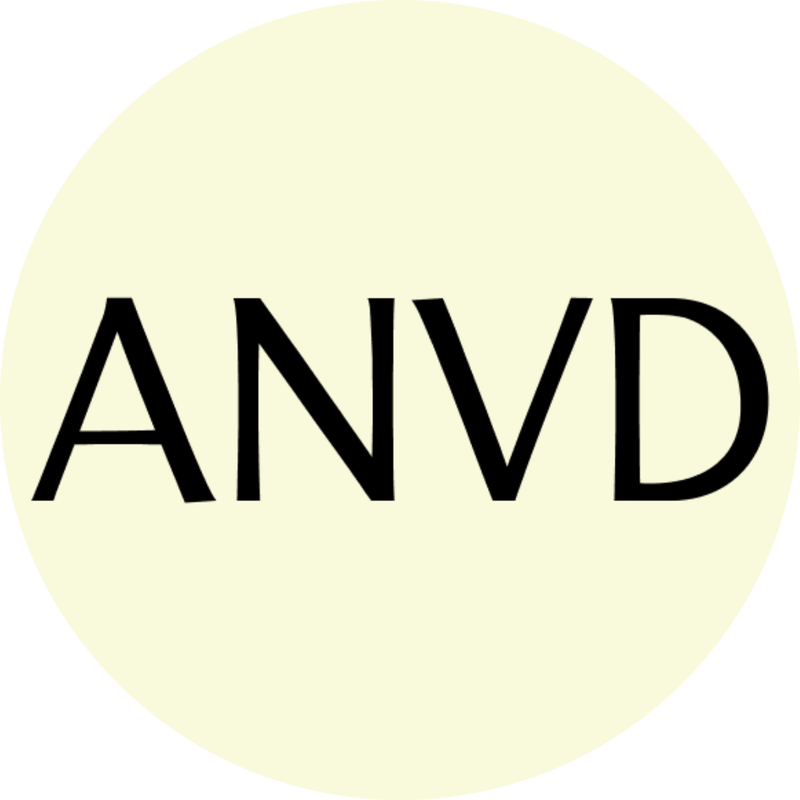 Black letters “ANVD” centered inside a pale yellow circle