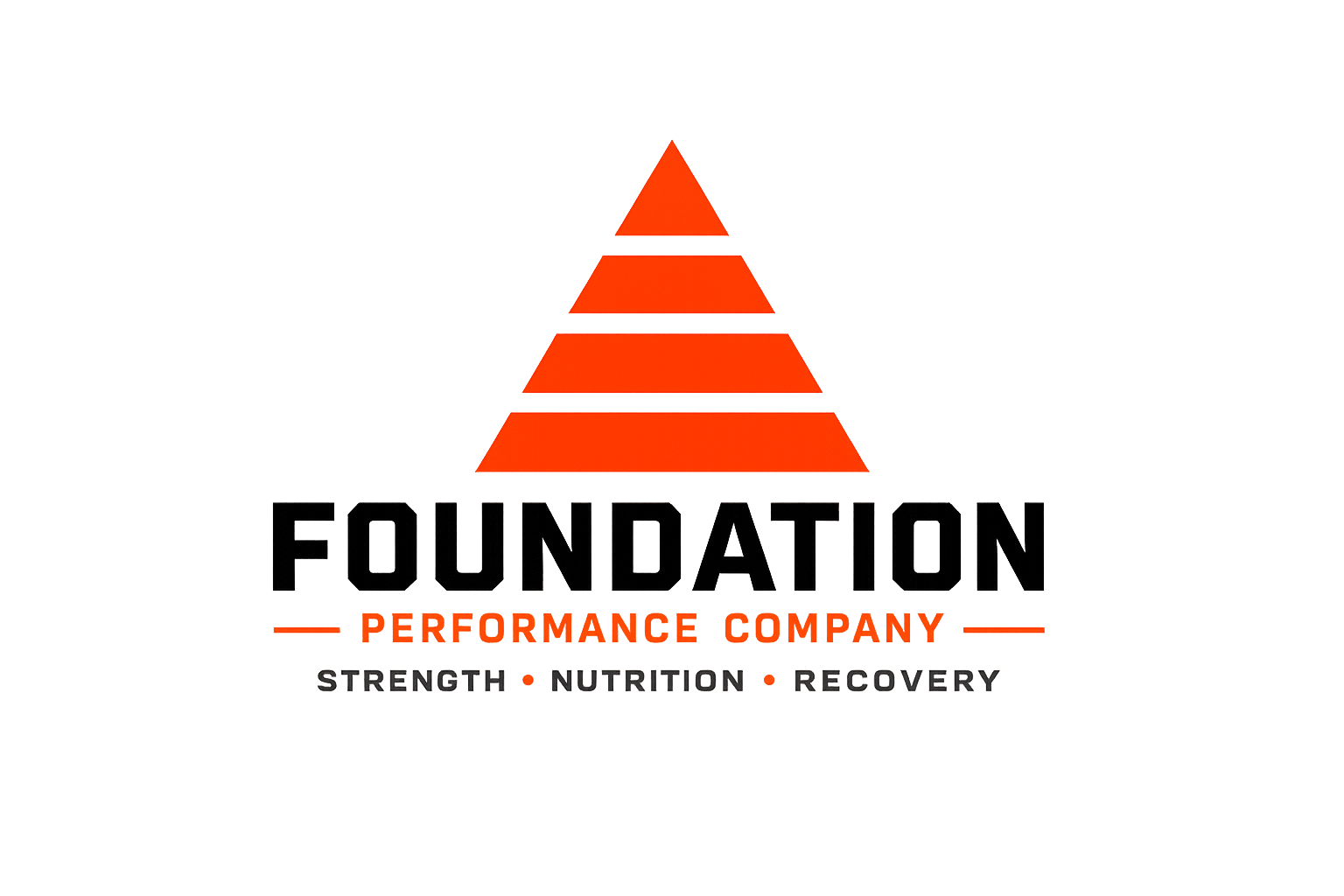 Logo of a performance company called Foundation, with a red pyramid graphic, bold black and orange text, and words 'Strength, Nutrition, Recovery' at the bottom.