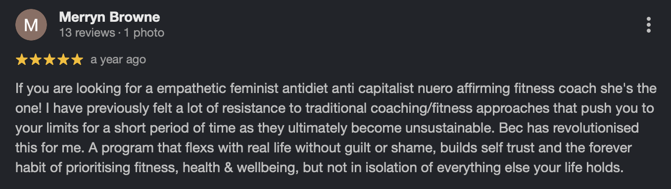 Screenshot of a positive review on an online platform, including a star rating, the reviewer's name, and review text praising a fitness coach.
