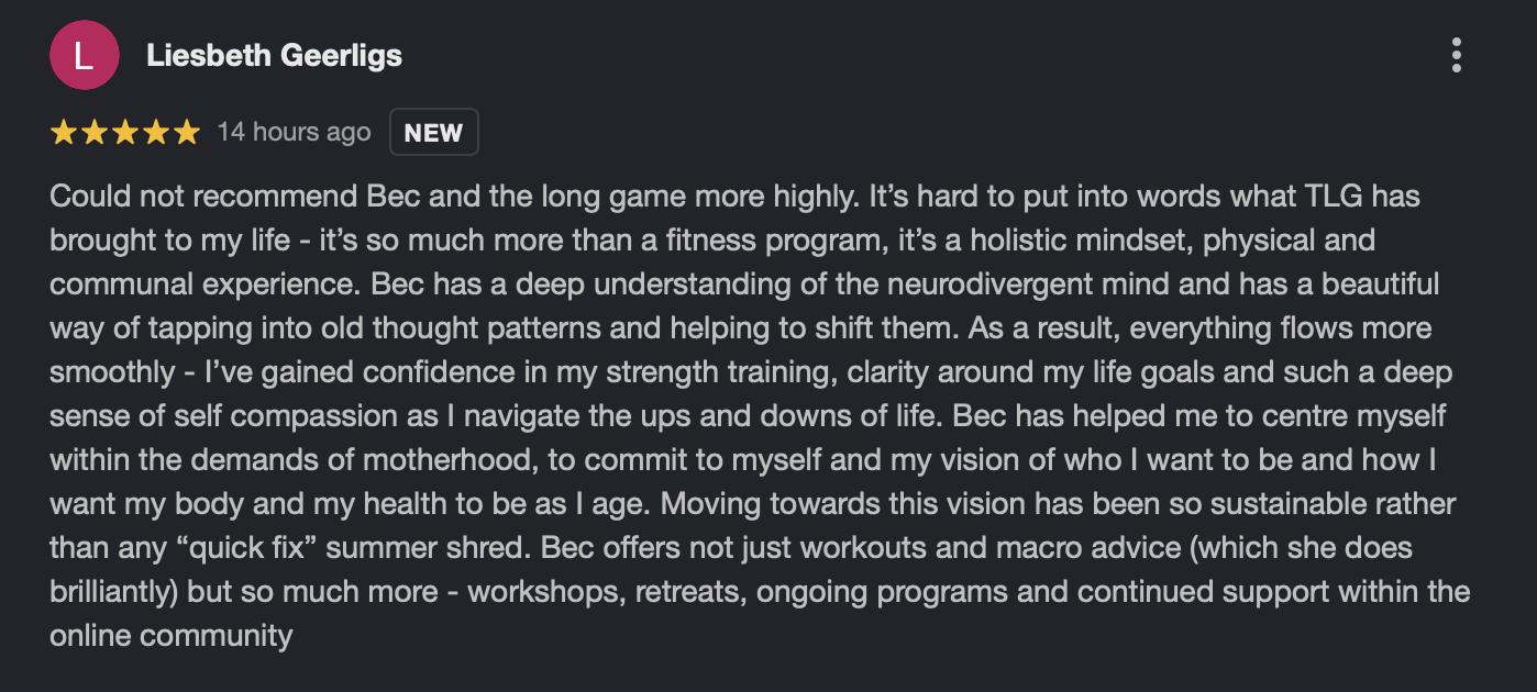 Online review from Lisbeth Geerligs praising the holistic approach of TLG, highlighting personal growth, confidence, mental and physical health, and ongoing community support