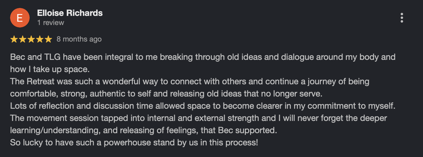 Screenshot of a Google review by Eloise Richards, praising a retreat with a five-star rating.