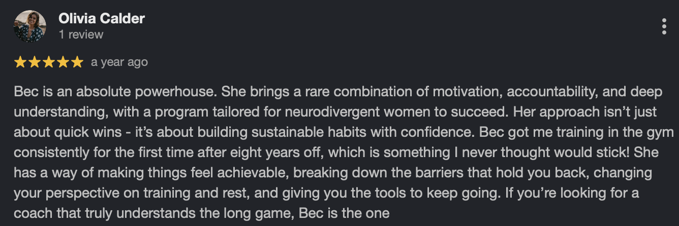 Screenshot of a positive review by Olivia Calder praising Bec as a coach for motivation and confidence building in fitness.