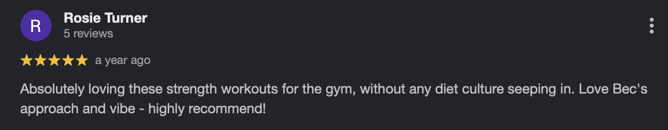 Screenshot of a five-star review for a strength workout, praising its effectiveness and vibe.