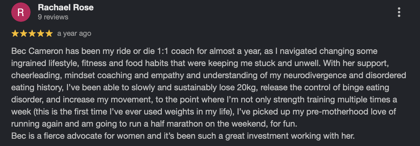 Screenshot of a five-star review by Rachael Rose for coach Bec Cameron, praising her help with lifestyle changes, fitness, mental health, and weight loss.