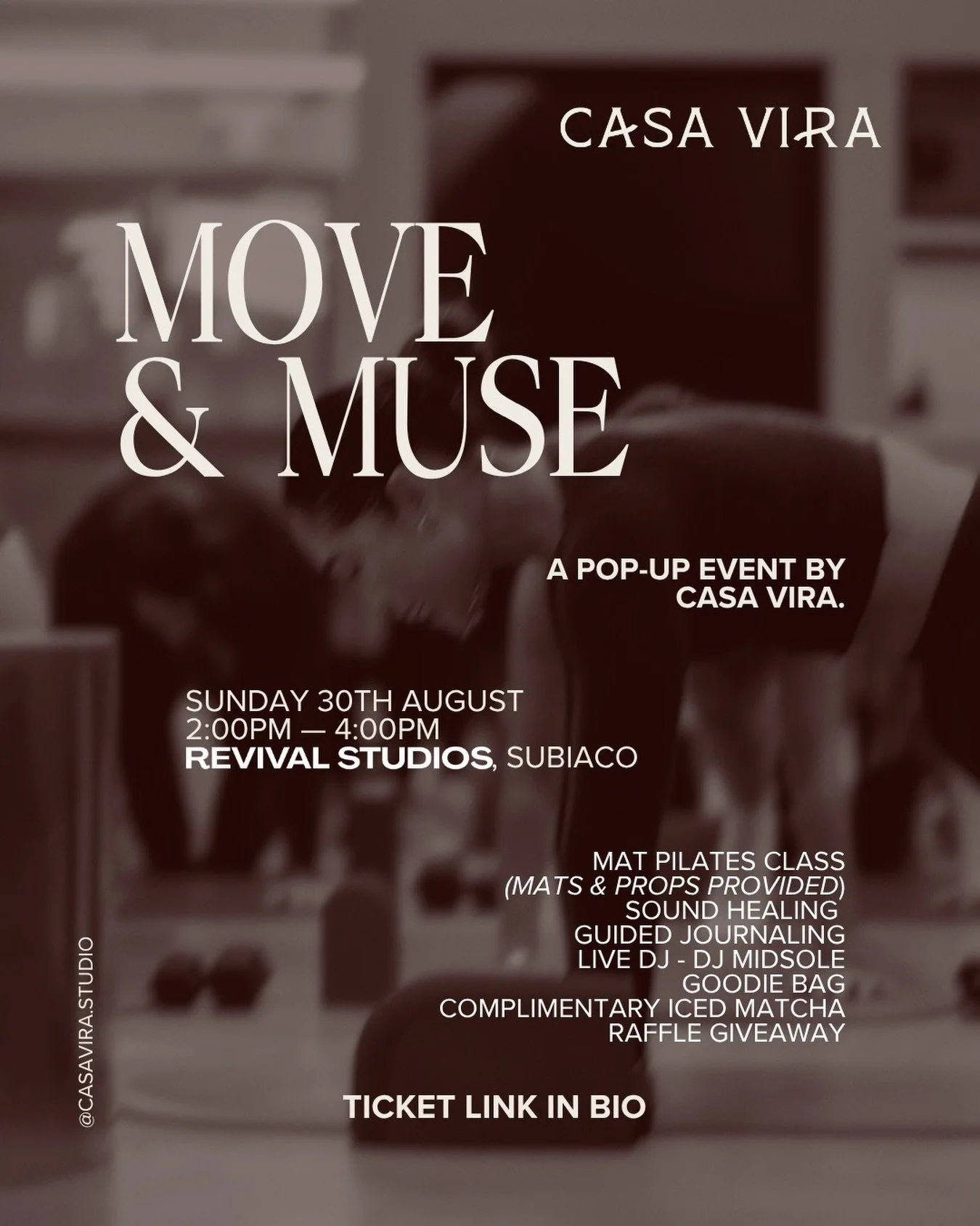 Our next pop-up event Move &amp; Muse 2.0 is HERE!!! ❤️&zwj;🔥🪩

You may have noticed we&rsquo;ve needed to move the date and time to Sunday, 30th August 2-4pm. 

Same offerings, same venue, same vibes!! 

Thank you to our incredible brands we&rsquo