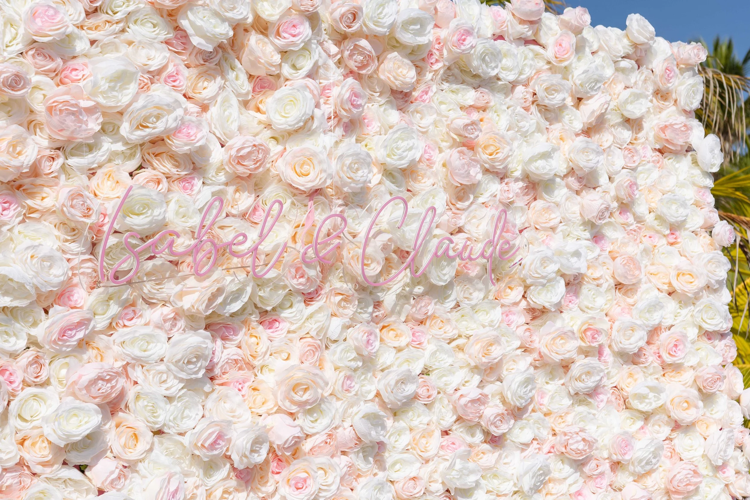 A large wall covered with white and light pink roses with a pink neon sign that reads 'Salt & Lace' in the center.