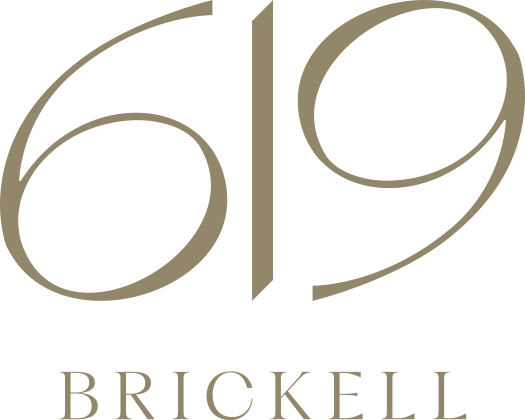 Design of the number 619 with a vertical line separating the digits, and the word 'BRICKELL' below.