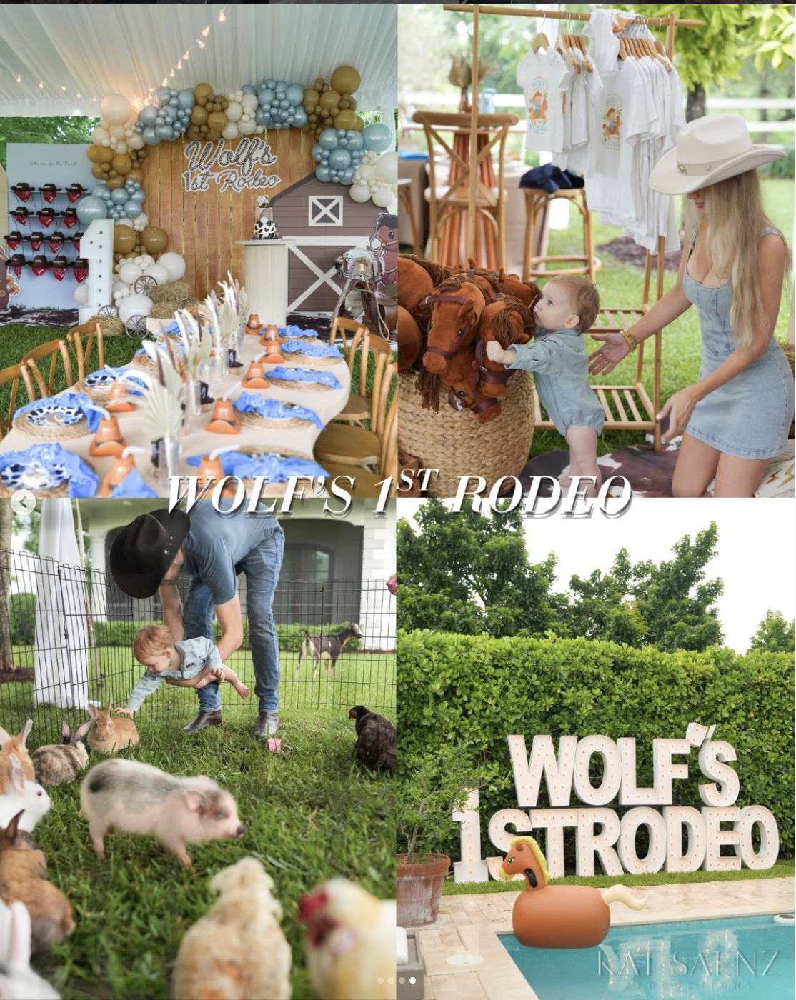Collage of images from a child's rodeo themed birthday party with decorations, children interacting with animals, and a pool with a sign reading 'WOLF'S 1ST RODEO'.