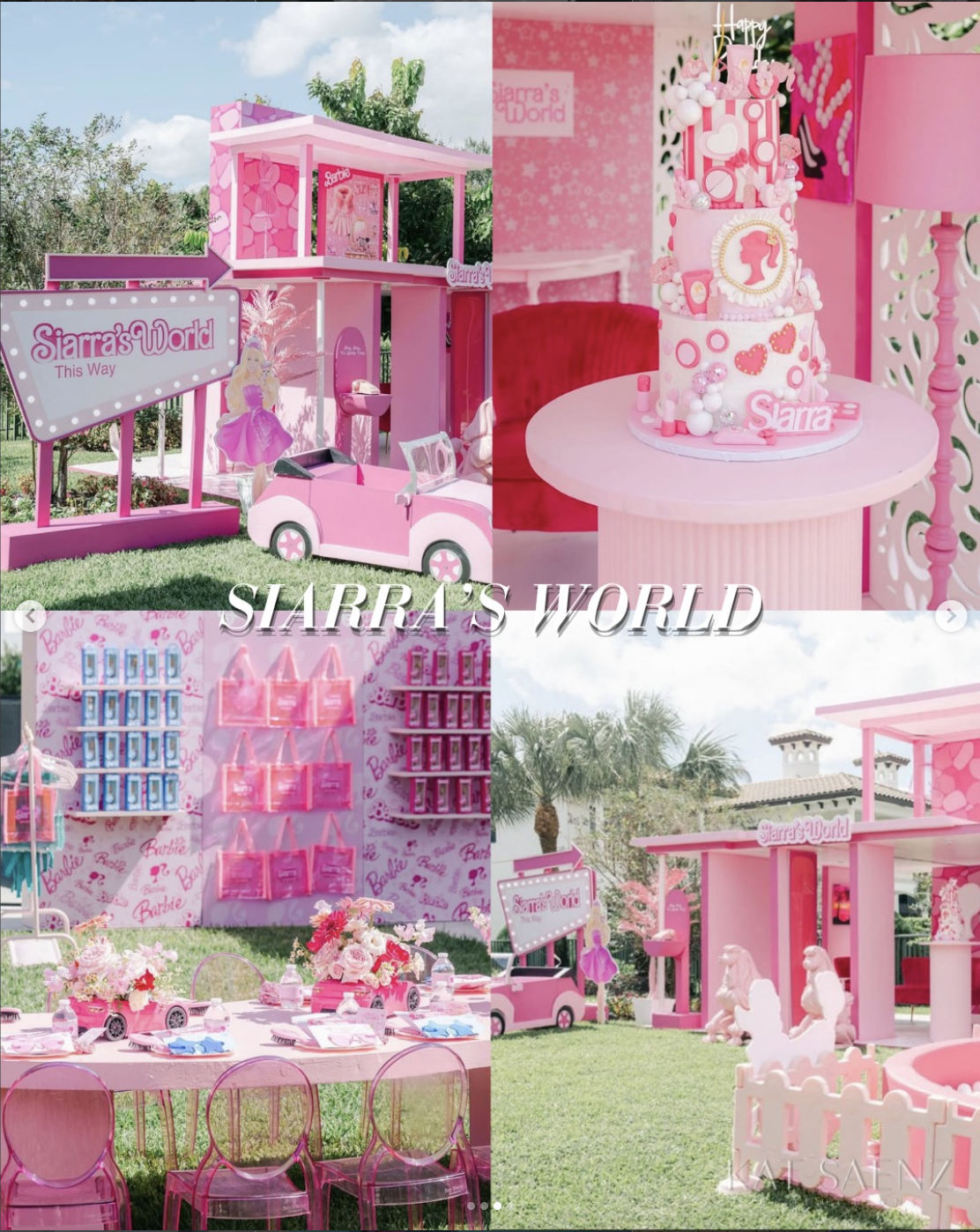Decorated outdoor area for a pink-themed birthday party featuring a pink and white cake with a Barbie silhouette, pink tables with floral arrangements, pink chairs, pink playhouse labeled 'Siarra's World', and pink carousel horses.