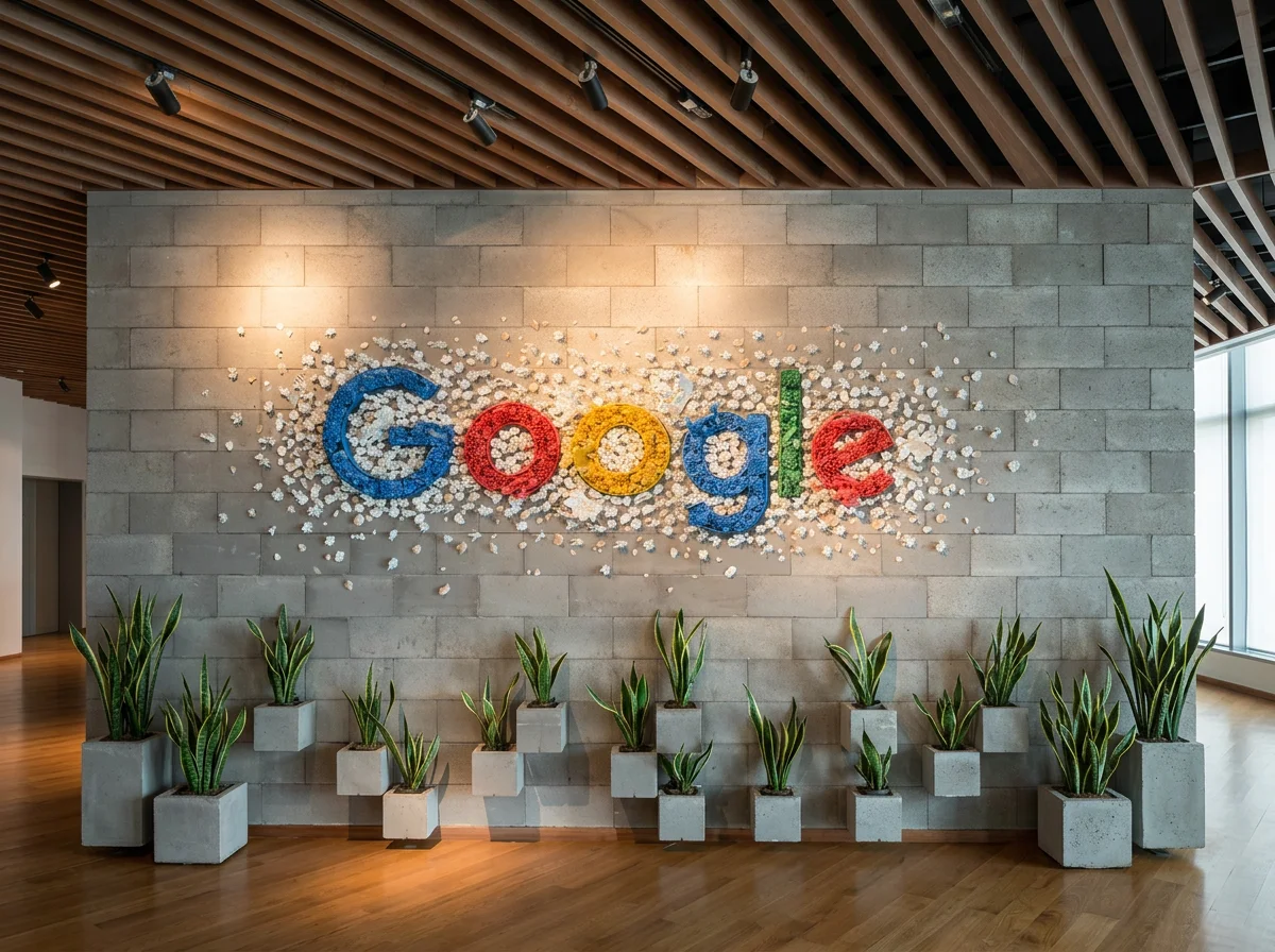 Google logo created with flowers on a stone wall, surrounded by potted plants in a modern office space with wooden ceiling and large window.